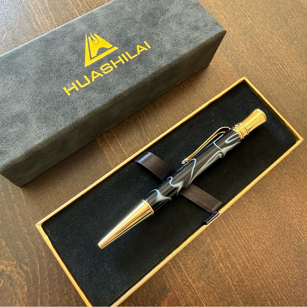 Black & Gold Marble Ballpoint Pen with faux diamond crystal tip NEW in box NWT
